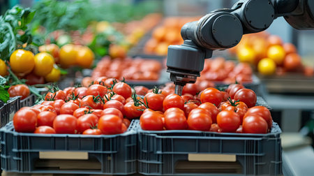 Pallets loaded with plastic trays of tomatoes under a robotic arm ready for shipment in a factoryの素材