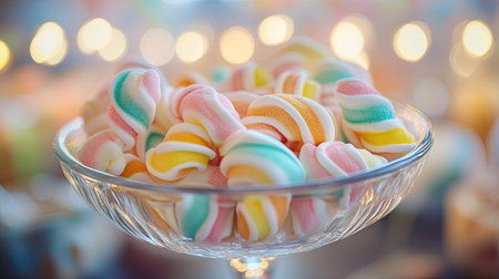 Soft-focus image of colorful twisted marshmallows in a glass bowl at a kid's birthday party.の素材