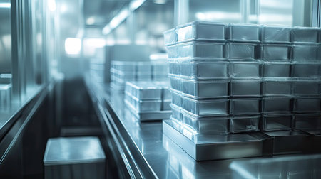 Stacks of vacuum-sealed cheese cube packages on a stainless steel production line in a dairy factoryの素材