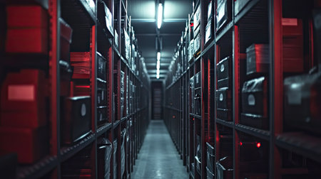 Rows of boxed wine bottles arranged on metal racks in a temperature-controlled cellarの素材