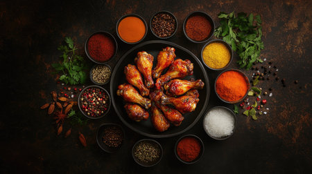 Top-down view of fresh chicken wings and an array of spices arranged creatively on a dark textured background.の素材