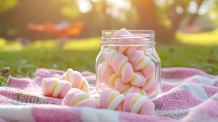 Twisted marshmallows arranged in a glass jar on a picnic blanket, surrounded by vibrant summer scenery.の素材