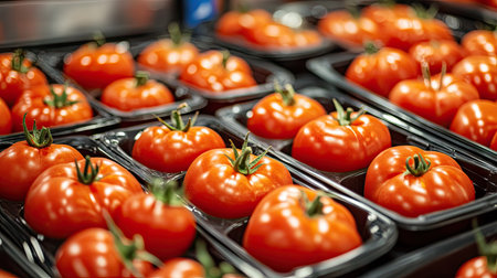 Rows of automated labeling machines printing on plastic trays filled with fresh red tomatoesの素材