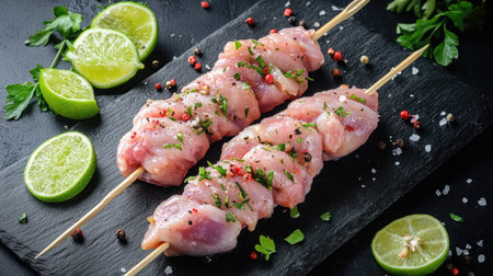 Raw chicken wings skewered and ready for grilling, resting on a black slate board with lime slices.の素材
