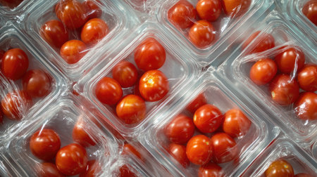 Transparent trays filled with ripe tomatoes being inspected by workers in safety uniformsの素材