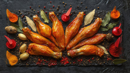 Top-down view of fresh chicken wings and an array of spices arranged creatively on a dark textured background.の素材
