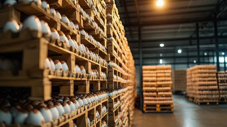 Stacks of pallets filled with cartons of eggs prepared for shipment in a climate-controlled warehouse.の素材