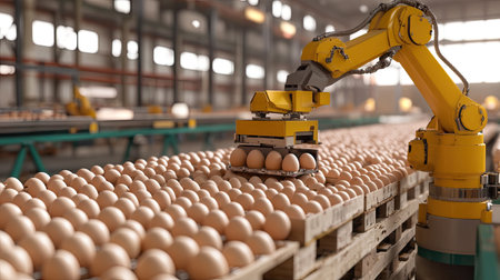 Robotic systems loading egg cartons onto pallets for shipping in a high-tech industrial warehouse.の素材