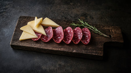 Thin slices of salami and wedges of cheese artfully placed on a wooden chopping board with sprigs of rosemary.の素材