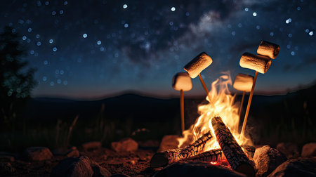 Twisted marshmallows on skewers over a glowing campfire under a starry sky, creating a cozy outdoor vibe.の素材