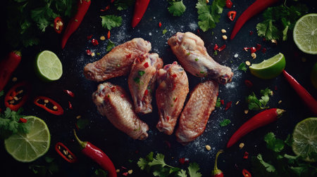 Raw chicken wings on a dark background, surrounded by colorful chili peppers, lime wedges, and coriander.の素材