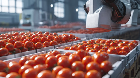 Pallets loaded with plastic trays of tomatoes under a robotic arm ready for shipment in a factoryの素材