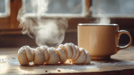 Twisted marshmallows sprinkled with powdered sugar on a wooden table, with a steaming mug in the background.の素材