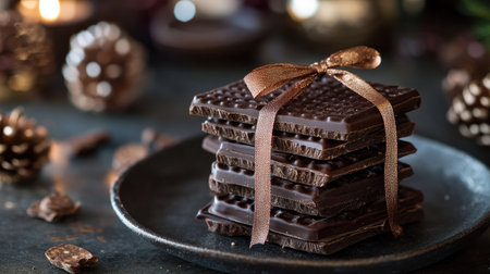 Stack of chocolate wafers tied with a ribbon, styled as a thoughtful gift on a festive table.の素材