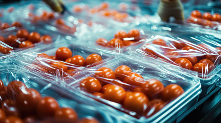 Tomatoes in plastic trays ready for export, with workers sealing them with protective covers in a factoryの素材