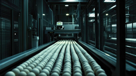 Rows of eggs traveling on a conveyor system toward a packaging station in a clean industrial facility.の素材