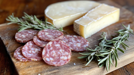 Thin slices of salami and wedges of cheese artfully placed on a wooden chopping board with sprigs of rosemary.の素材