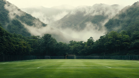 A football field framed by the rising mist of nearby mountains, creating a serene atmosphereの素材