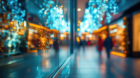 Abstract bokeh effect from illuminated storefronts and decorative lights in a sleek shopping mallの素材