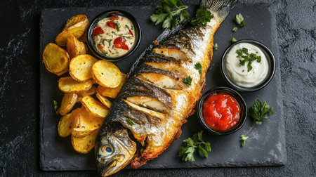 An artistic presentation of fried fish and potato chips on a slate plate, with dipping sauces and a garnish of fresh herbsの素材
