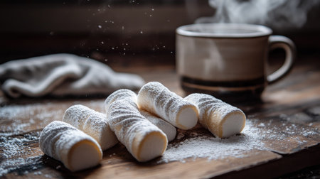 Twisted marshmallows sprinkled with powdered sugar on a wooden table, with a steaming mug in the background.の素材