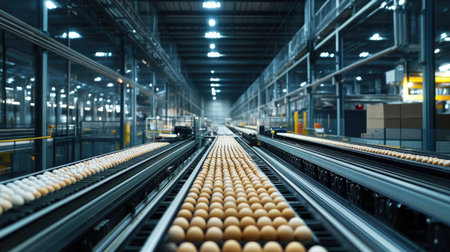 Rows of eggs traveling on a conveyor system toward a packaging station in a clean industrial facility.の素材