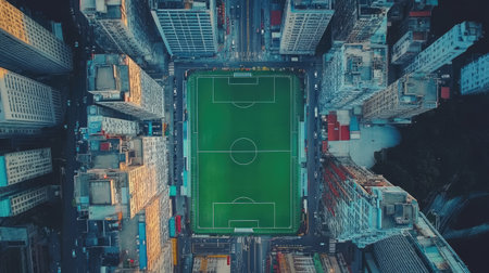 A drone shot of a football field in an urban setting, surrounded by high-rise buildings and busy streetsの素材