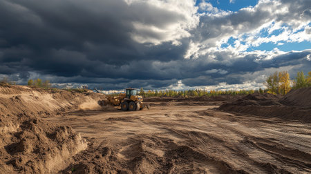 Heavy equipment like bulldozers and trucks actively moving sand in a quarry, with dramatic clouds overheadの素材