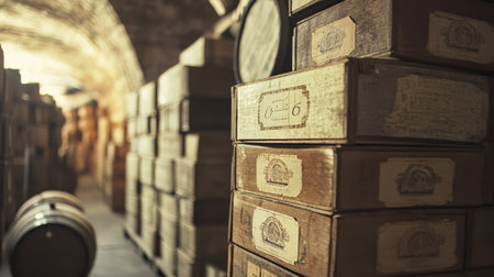 Stacked wine boxes with vintage labels arranged against the backdrop of a wine barrel storage roomの素材