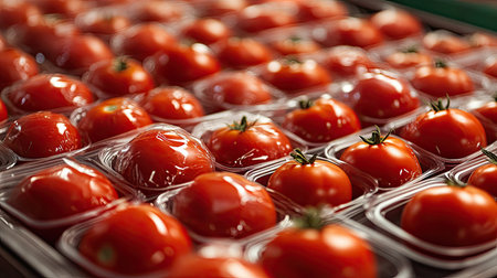 Tomatoes in plastic trays ready for export, with workers sealing them with protective covers in a factoryの素材