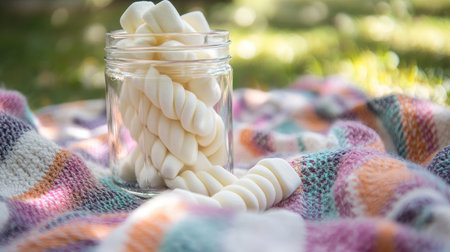 Twisted marshmallows arranged in a glass jar on a picnic blanket, surrounded by vibrant summer scenery.の素材