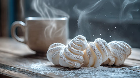 Twisted marshmallows sprinkled with powdered sugar on a wooden table, with a steaming mug in the background.の素材
