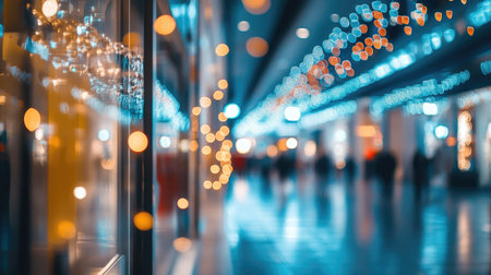 Abstract bokeh effect from illuminated storefronts and decorative lights in a sleek shopping mallの素材