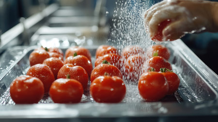Shiny tomatoes being washed before being placed into plastic trays in a food hygiene zoneの素材