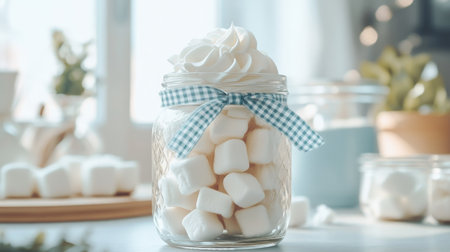Twisted marshmallows piled in a clear mason jar, decorated with a gingham ribbon for a rustic aesthetic.の素材