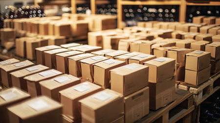 Rows of sealed wine boxes awaiting transport in the shipping section of a wine production facilityの素材