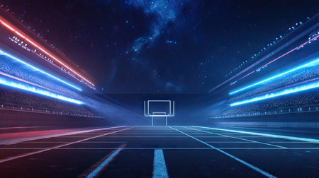 A futuristic football field with vivid LED lighting and a sleek modern scoreboard under a starry skyの素材