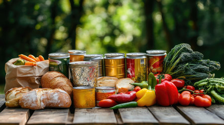 Various canned foods on a picnic table alongside fresh produce and bread in an outdoor settingの素材
