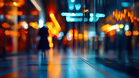 An abstract shot of blurred boutique storefronts glowing with ambient light in a posh shopping mallの素材