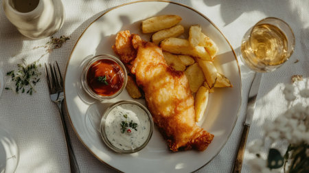 A beautifully arranged plate of fried fish and chips with gourmet dipping sauces, served on a white tableclothの素材