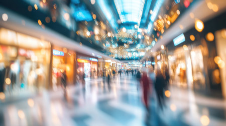 Abstract blur of holiday decorations in a luxury shopping mall, with glowing lights and shiny ornamentsの素材