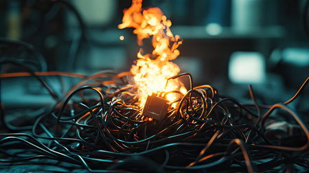 A dramatic scene of a small electrical fire starting in a bundle of tangled wiresの素材