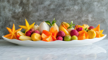 A beautifully arranged fruit platter with vibrant tropical fruits like papaya, starfruit, and lychee on a pristine white dishの素材