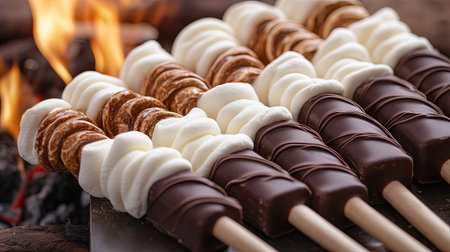 Twisted marshmallows and chocolate bars arranged next to a bonfire for a perfect s'mores setup.の素材