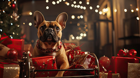A French bulldog sitting in a decorated Christmas cart, surrounded by holiday lights and wrapped giftsの素材