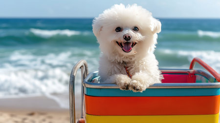 A fluffy white dog sitting in a colorful bicycle cart on a seaside boardwalk, with ocean waves in the backgroundの素材