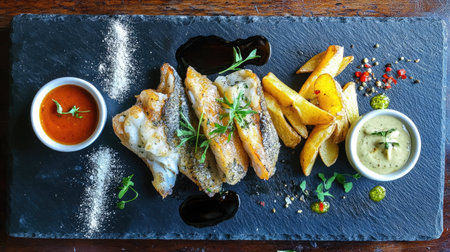 An artistic presentation of fried fish and potato chips on a slate plate, with dipping sauces and a garnish of fresh herbsの素材