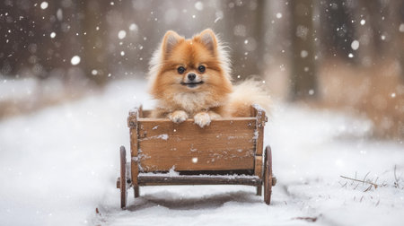 A fluffy Pomeranian sitting proudly in a miniature wooden cart on a snowy winter dayの素材