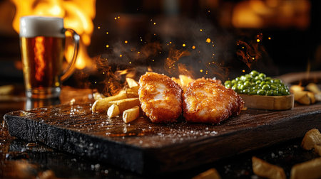 Golden fried fish fillets and chips served with mushy peas on a rustic wooden board, with a beer mug besideの素材