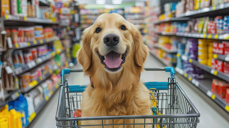 A golden retriever happily sitting in a shopping cart in a pet store aisle, surrounded by pet suppliesの素材